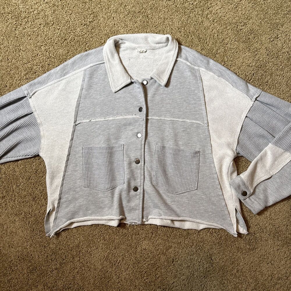 POL Button Front Relaxed French‎ Terry Thermal Jacket Gray L/XL Boho Athleisure